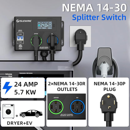 Smart Dryer Splitter for EV and Dryer, 240V Auto Power Switch for Dryer Outlet, 3-Color LED Ring, 3.4" LCD Display, No Rewiring Needed, ETL Certified (24 Amp, NEMA 14-30)