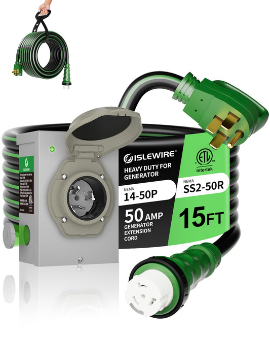 50 Amp 50FT Generator Cord and Pre-Drilled Power Inlet Box, NEMA 14-50P to SS2-50R Generator Cord Kit, 6/3+8/1 AWG STW Twist Lock Connector, 125/250V 12500W, ETL Listed, Ready for Emergency Use