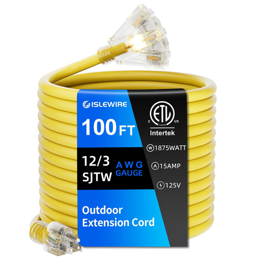 100 FT Outdoor Extension Cord with Multiple Outlets, 12 Gauge Heavy Duty Yellow Extension Cord Waterproof with 3 Outlet, 3 Prong Power Cord for Garden and Home Use Indicator Light, ETL Listed