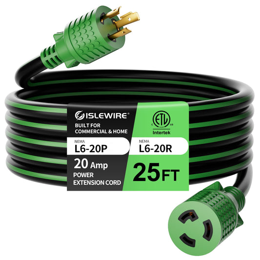 L6-20 Extension Cord 25FT, 20 Amp 250V 5000W, NEMA L6-20P to L6-20R Twist-Lock Power Cord, 12AWG/3 Heavy Duty SJTW, ETL Listed 20 Amp Extension Cord for Workshop, Industrial & Data Center Use