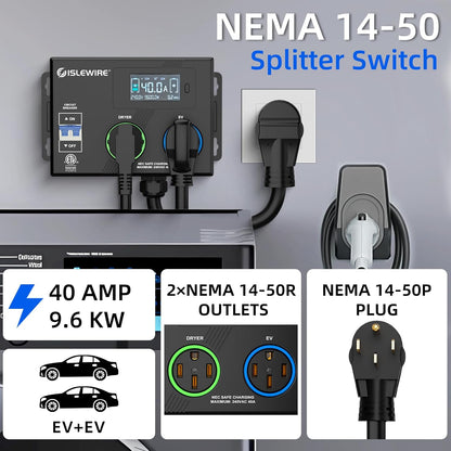 Smart NEMA Socket Splitter 240V for EVs, Auto Power Switch for Level 2 Dual Electric Vehicle (EV) Charging, 3-Color LED Ring, 3.4" LCD Display, No Rewiring Needed, ETL Certified (40 Amp, NEMA 14-50)