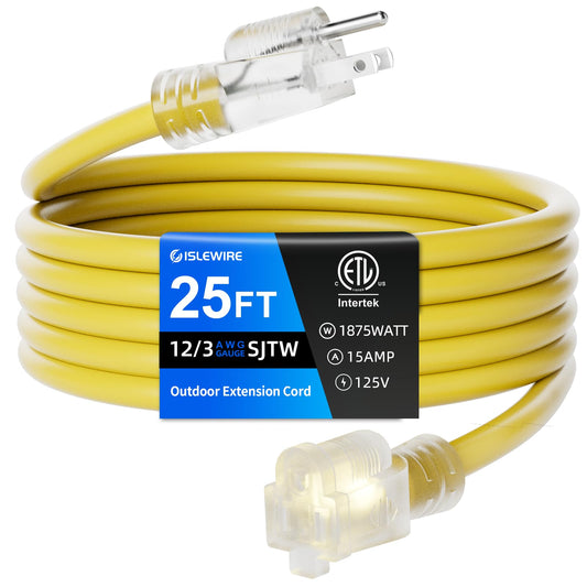 12 Gauge Outdoor Extension Cord 25 FT Waterproof, 3 Prong Plug, SJTW Heavy Duty 15A 1875W, Yellow Extension Cable with Lighted end for Commercial Use and Major Appliances, ETL Listed