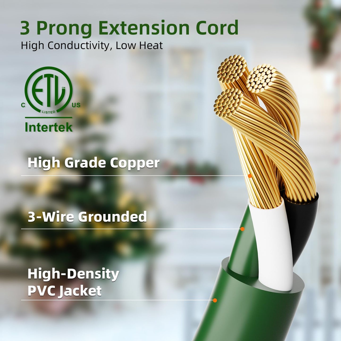 Christmas 25 FT Outdoor Extension Cord with Multiple Outlets, 3 Evenly Spaced Outlets with Indicator Lights, 16/3 SJTW Weatherproof Power Cord Outdoor for Christmas, Halloween, Holiday Decorations