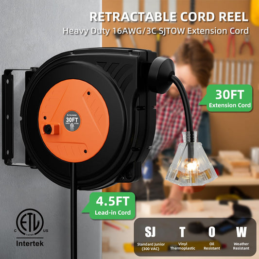 30FT Retractable Extension Cord Reel, 16AWG/3C SJTOW Heavy Duty Power Cord Reel with Lighted Triple Outlets, 10A Circuit Breaker, Lightweight Ceiling/Wall Mount Reel for Garage, ETL Listed, Orange