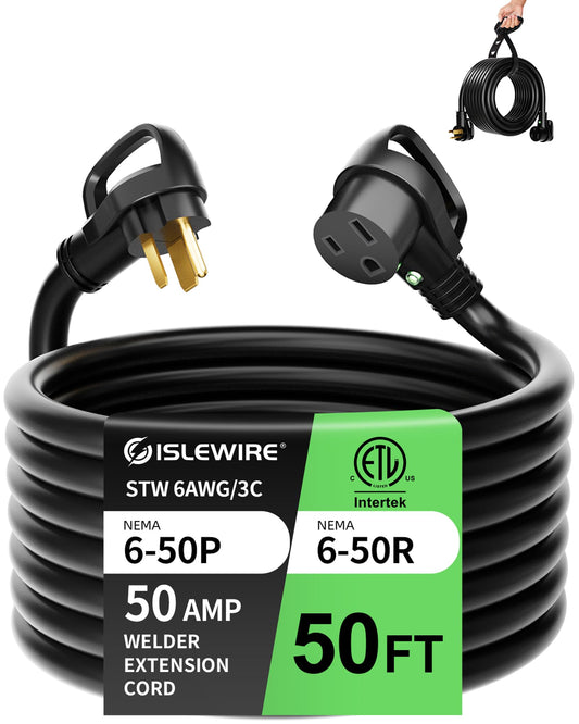 islewire 6 AWG 250V Welder Extension Cord, 50ft Outdoor NEMA 6-50 Welder Cord with Light and Handle, 50 Amp 3 Prong Welding Extension Cord for Welding Machines and EV Charger, 12500W, ETL Listed
