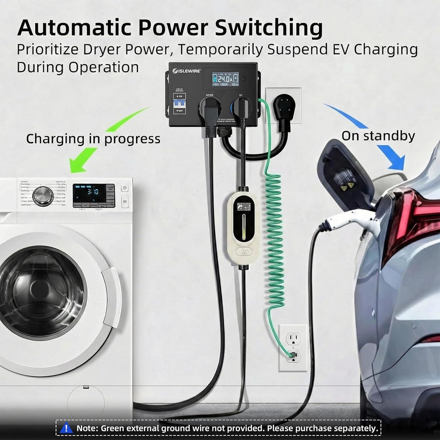 Smart Dryer Splitter for EV and Dryer, 240V Auto Power Switch for Dryer Outlet, 3-Color LED Ring, 3.4" LCD Display, No Rewiring Needed, NEMA 10-30 Plug, NEMA 10-30 & NEMA 14-50 Outlets (24 Amp)