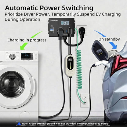 Smart Dryer Splitter for EV and Dryer, 240V Auto Power Switch for Dryer Outlet, 3-Color LED Ring, 3.4" LCD Display, No Rewiring Needed, NEMA 10-30 Plug, NEMA 10-30 & NEMA 14-50 Outlets (24 Amp)