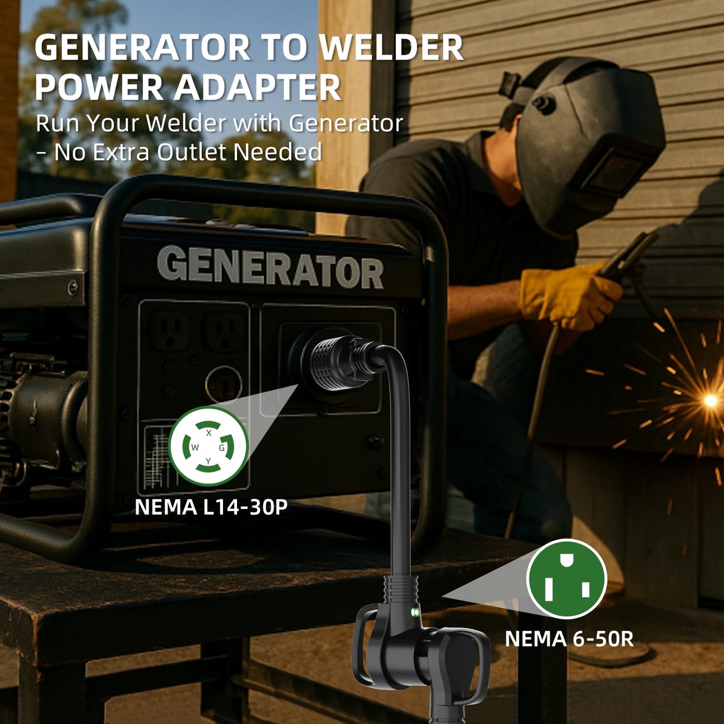 NEMA L14-30P to 6-50R Welder Adapter Cord 1.5FT, 4 Prong Twist-Lock Generator Plug to 3 Prong Welder Female Power Adapter with Handle and Lighted Indicator, 10 AWG Heavy Duty STW, 30 Amp 250V 7500W