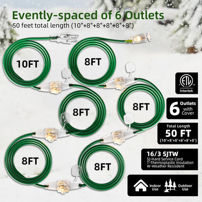 Christmas 25 FT Outdoor Extension Cord with Multiple Outlets, 3 Evenly Spaced Outlets with Indicator Lights, 16/3 SJTW Weatherproof Power Cord Outdoor for Christmas, Halloween, Holiday Decorations