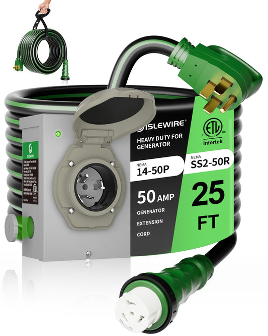 50 Amp 50FT Generator Cord and Pre-Drilled Power Inlet Box, NEMA 14-50P to SS2-50R Generator Cord Kit, 6/3+8/1 AWG STW Twist Lock Connector, 125/250V 12500W, ETL Listed, Ready for Emergency Use