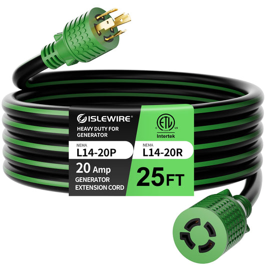 25FT NEMA L14-20 Generator Extension Cord, L14-20P to L14-20R 4-Prong Twist Lock Power Cord, 20 Amp, 125/250V, 2500/5000 Watts, Heavy Duty 12/4 SJTW for Portable Generators, Power Outage, ETL Listed