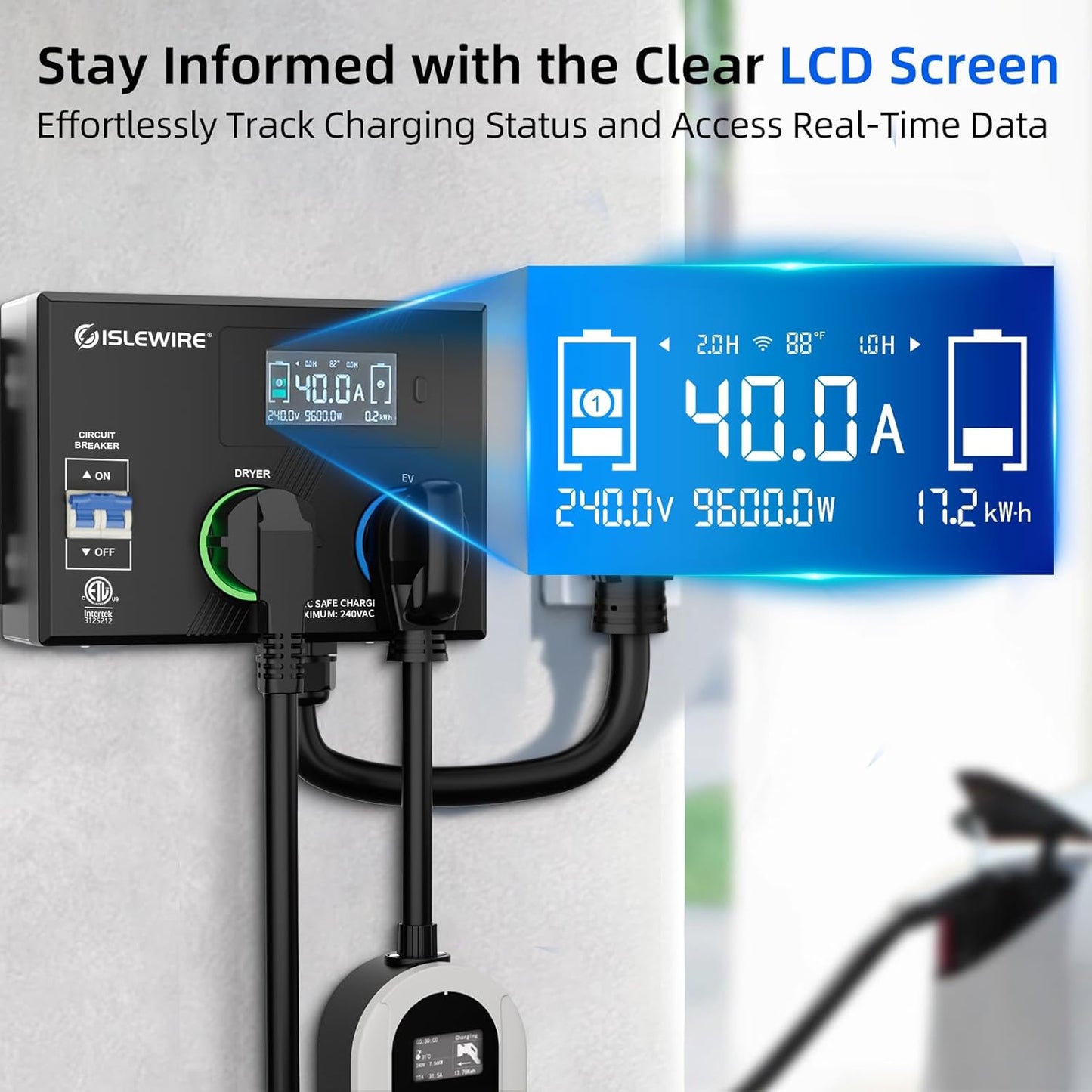 Smart NEMA Socket Splitter 240V for EVs, Auto Power Switch for Level 2 Dual Electric Vehicle (EV) Charging, 3-Color LED Ring, 3.4" LCD Display, No Rewiring Needed, ETL Certified (40 Amp, NEMA 14-50)