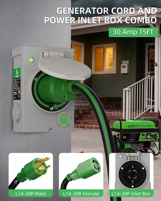 30 Amp 15FT Generator Cord and Power Inlet Box Kit, NEMA L14-30P to L14-30R, 4-Prong Generator Cord 10 AWG with Twist Lock Connector, Pre-Drilled 30 Amp Inlet Box, ETL Listed, Ready for Emergency Use