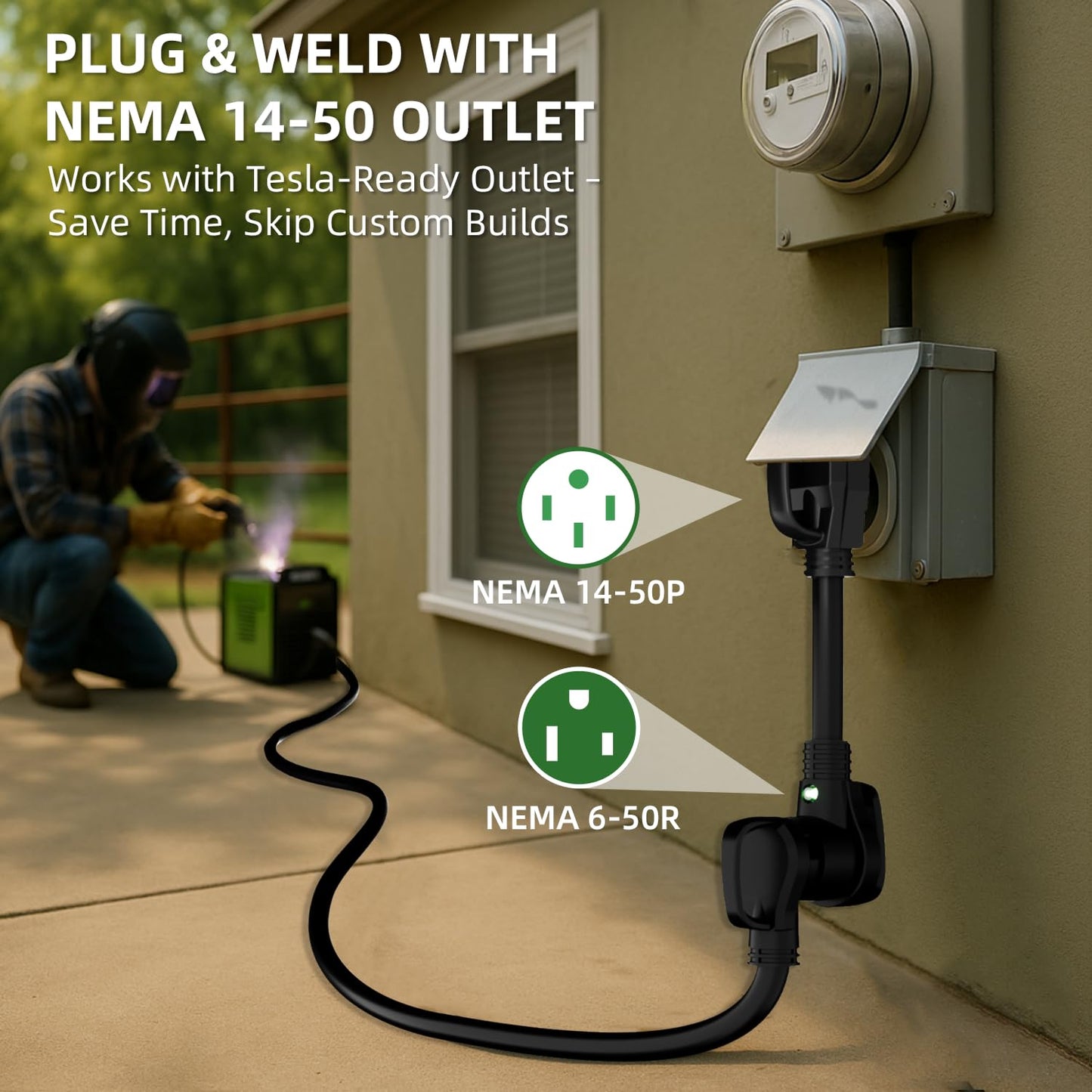 6 AWG Welder Extension Cord 10FT, NEMA 14-50P to 6-50R Adapter, 50 Amp 250V 12500W, Heavy Duty 4-Prong to 3-Prong Welding Power Cord with Handles & LED Indicator, Generator to Welder Use