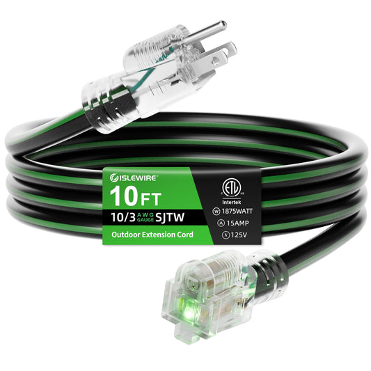 100FT 10/3 Outdoor Extension Cord, 10 AWG Ultra Heavy Duty 3-Prong SJTW, Waterproof, Flexible Cold-Resistant, Indoor/Outdoor, LED Lighted End, 15 Amp 1875W, Black & Green, ETL Listed