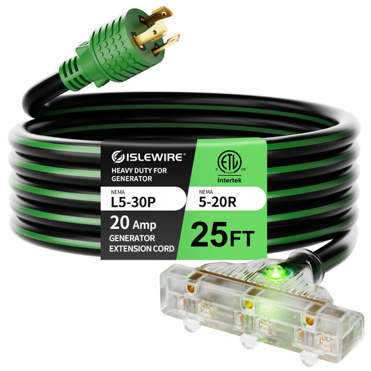 25FT Generator Extension Cord, NEMA L5-30P to Triple 5-15R/5-20R, 10 Gauge 30 Amp to 110V Twist Lock Power Cord with LED Indicator, ETL Listed Heavy Duty Power Adapter for RV, Jobsite, Backup Use