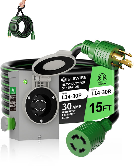 30 Amp 15FT Generator Cord and Power Inlet Box Kit, NEMA L14-30P to L14-30R, 4-Prong Generator Cord 10 AWG with Twist Lock Connector, Pre-Drilled 30 Amp Inlet Box, ETL Listed, Ready for Emergency Use