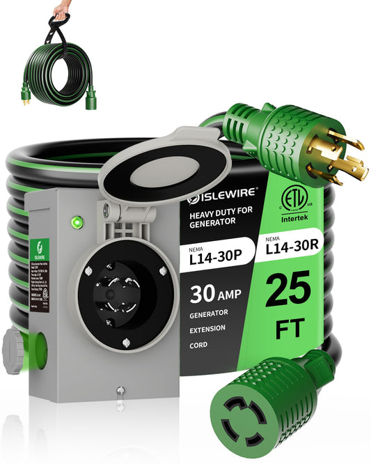 30 Amp 25FT Generator Cord and Power Inlet Box Kit, NEMA L14-30P to L14-30R, 4-Prong Generator Cord 10 AWG with Twist Lock Connector, Pre-Drilled 30 Amp Inlet Box, ETL Listed, Ready for Emergency Use