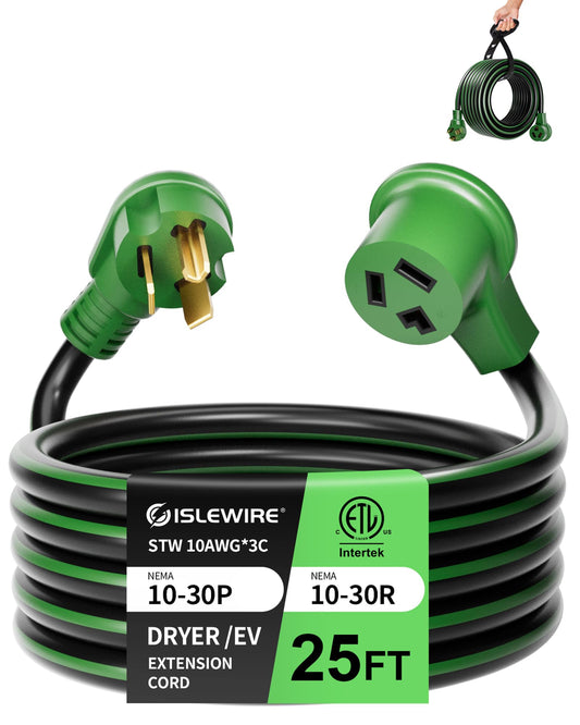 30-Amp 3-Prong Dryer EV Extension Cord, 50 Feet, NEMA 10-30P to 10-30R, 125V/250V Heavy Duty STW 10 Gauge, Waterproof, Perfect for Level 2 EV Charging and Dryer Power Extension, ETL Listed