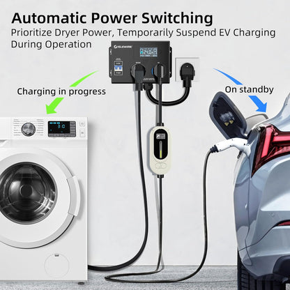 Smart Dryer Splitter for EV and Dryer, 240V Auto Power Switch for Dryer Outlet, 3-Color LED Ring, 3.4" LCD Display, No Rewiring Needed, NEMA 14-30 Plug, NEMA 14-30 & NEMA 14-50 Outlets (24 Amp)