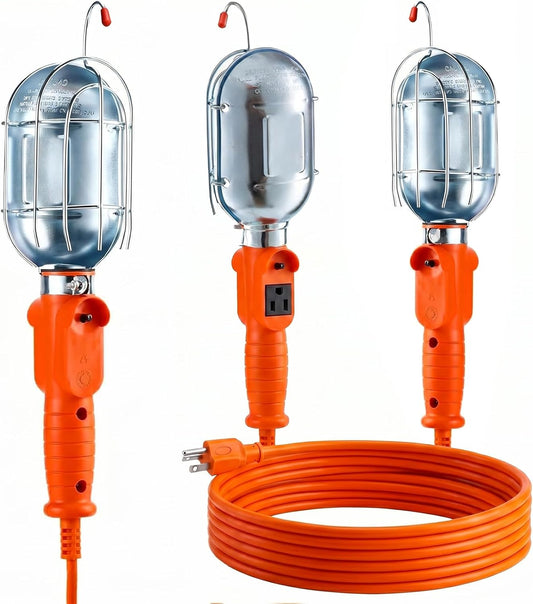 75W Trouble Light with Metal Guard, 25ft 16 AWG Extension Cord, Hanging Work Light with Outlet, On/Off Switch & Hook, Mechanic Work Light for Garage, Construction, Household Projects, ETL Listed
