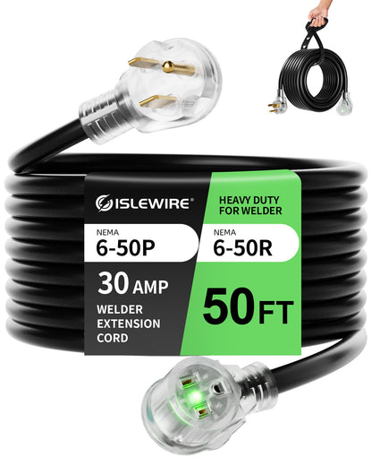 islewire 50ft 250V Welder Extension Cord, 10 Gauge Heavy Duty Outdoor Welding Cord with LED Indicator, NEMA 6-50P to 6-50R, 30 Amp 3 Prong Power Extension for Welding Machines, 10 AWG SJTW, Black