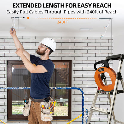 240 ft Electrical Fish Tape, 1/8-Inch Steel Wire Puller with Formed Hook, Easy-to-Use Cable Puller Tool with Ergonomic Handle & Durable Housing for Walls and Electrical Conduit