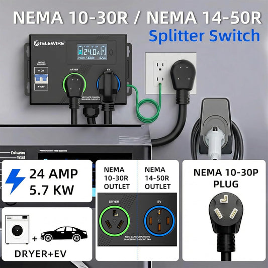 Smart Dryer Splitter for EV and Dryer, 240V Auto Power Switch for Dryer Outlet, 3-Color LED Ring, 3.4