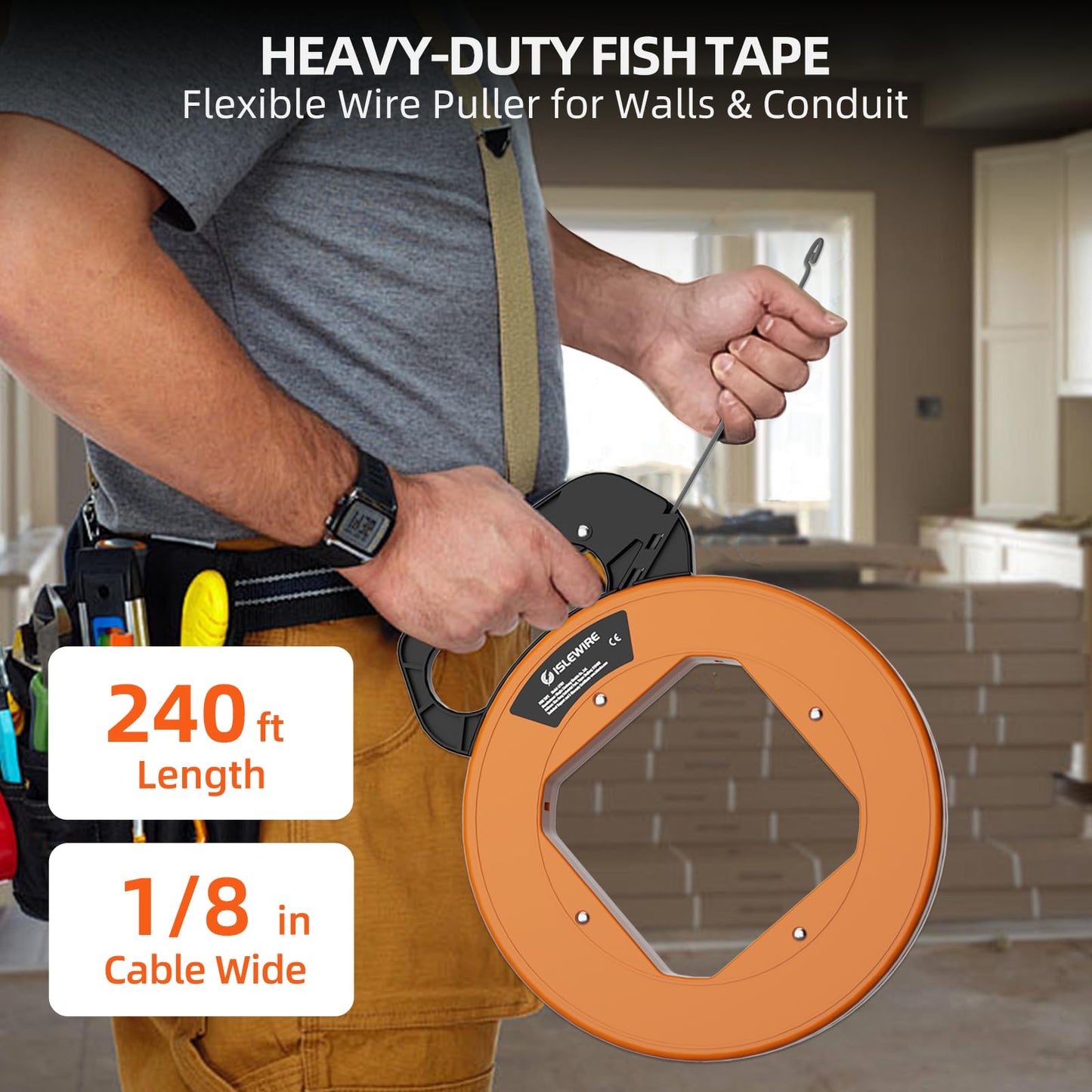 240 ft Electrical Fish Tape, 1/8-Inch Steel Wire Puller with Formed Hook, Easy-to-Use Cable Puller Tool with Ergonomic Handle & Durable Housing for Walls and Electrical Conduit