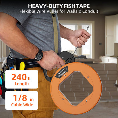 240 ft Electrical Fish Tape, 1/8-Inch Steel Wire Puller with Formed Hook, Easy-to-Use Cable Puller Tool with Ergonomic Handle & Durable Housing for Walls and Electrical Conduit