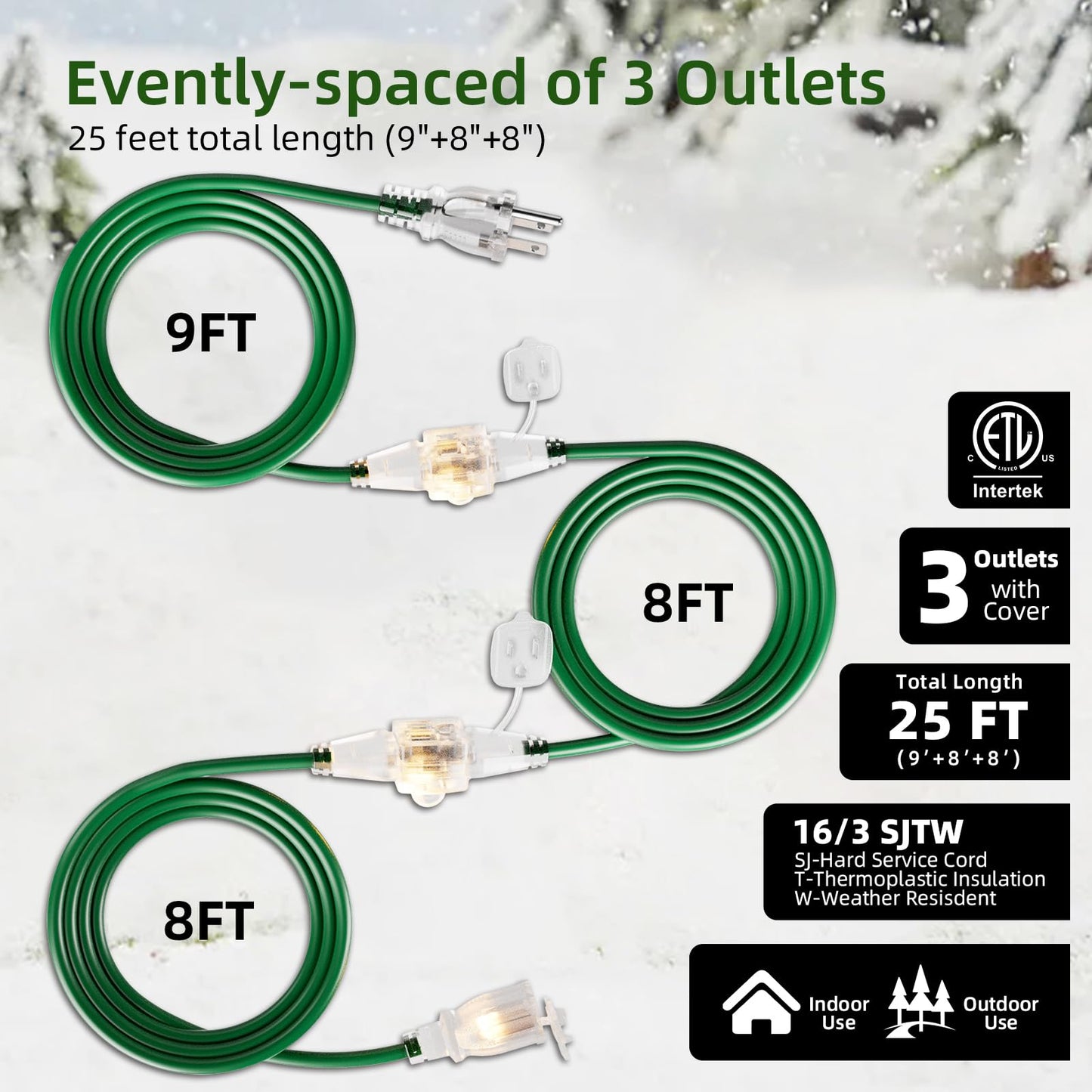 Christmas 25 FT Outdoor Extension Cord with Multiple Outlets, 3 Evenly Spaced Outlets with Indicator Lights, 16/3 SJTW Weatherproof Power Cord Outdoor for Christmas, Halloween, Holiday Decorations