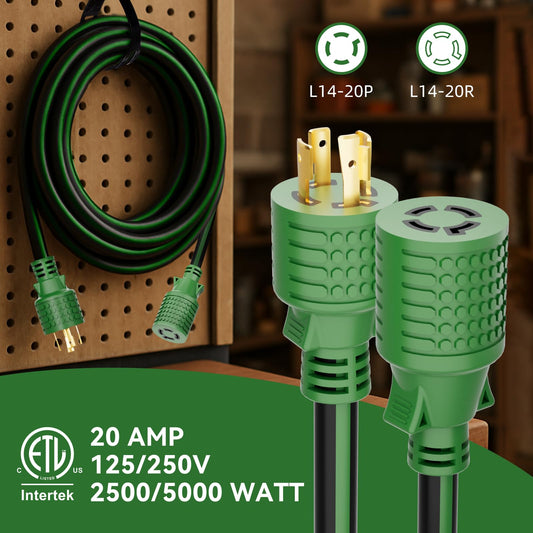 10FT NEMA L14-20 Generator Extension Cord, L14-20P to L14-20R 4-Prong Twist Lock Power Cord, 20 Amp, 125/250V, 2500/5000 Watts, Heavy Duty 12/4 SJTW for Portable Generators, Power Outage, ETL Listed