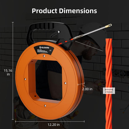 125 ft Electrical Fish Tape, 3/16-inch PET Wire Puller with Optimized Housing and Ergonomic Handle, Flexible Non-Conductive Cable Puller Tool with Steel Leader for Walls and Conduit