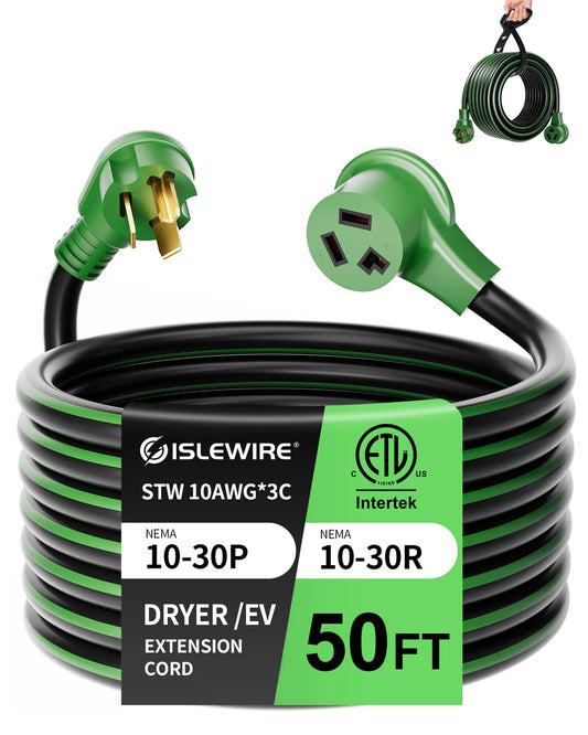 30-Amp 3-Prong Dryer EV Extension Cord, 50 Feet, NEMA 10-30P to 10-30R, 125V/250V Heavy Duty STW 10 Gauge, Waterproof, Perfect for Level 2 EV Charging and Dryer Power Extension, ETL Listed