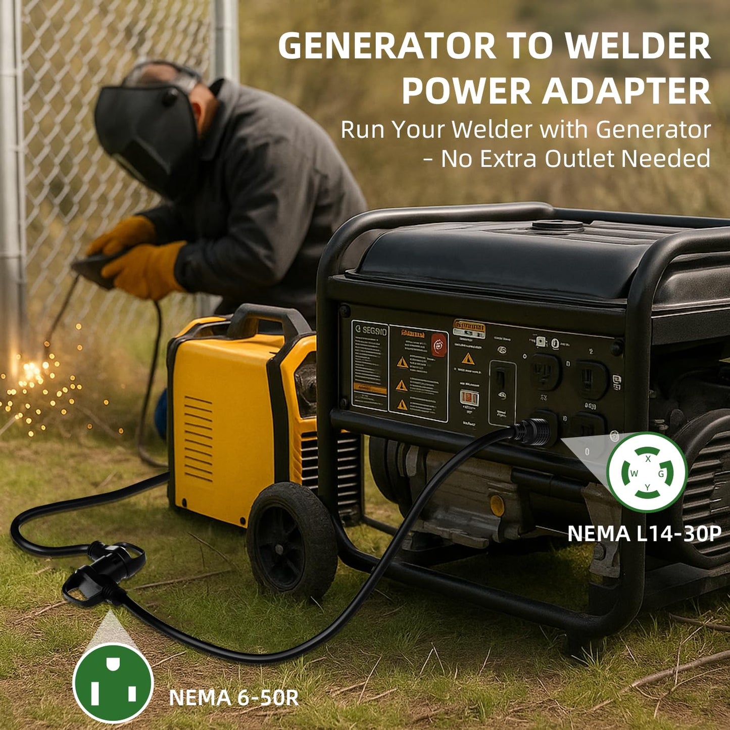 10FT Welder Adapter Extension Cord, NEMA L14-30P to 6-50R, 30 Amp 4-Prong to 3-Prong Generator to Welder Plug, 10AWG Heavy Duty STW, 240V Welding Power Cord with Handle and LED Indicator